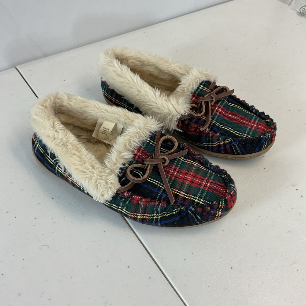 J.‎ Crew Women's stewart tartan Plaid Faux Fur Lined Slippers ,Size 6